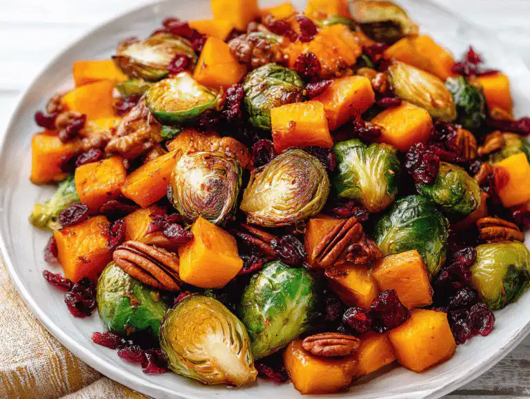 The Best Holiday Roasted Brussels Sprouts with Butternut & Pecans 9 Roasted Brussels Sprouts and butternut squash with pecans and cranberries, a festive side dish for the holidays, on a white table.