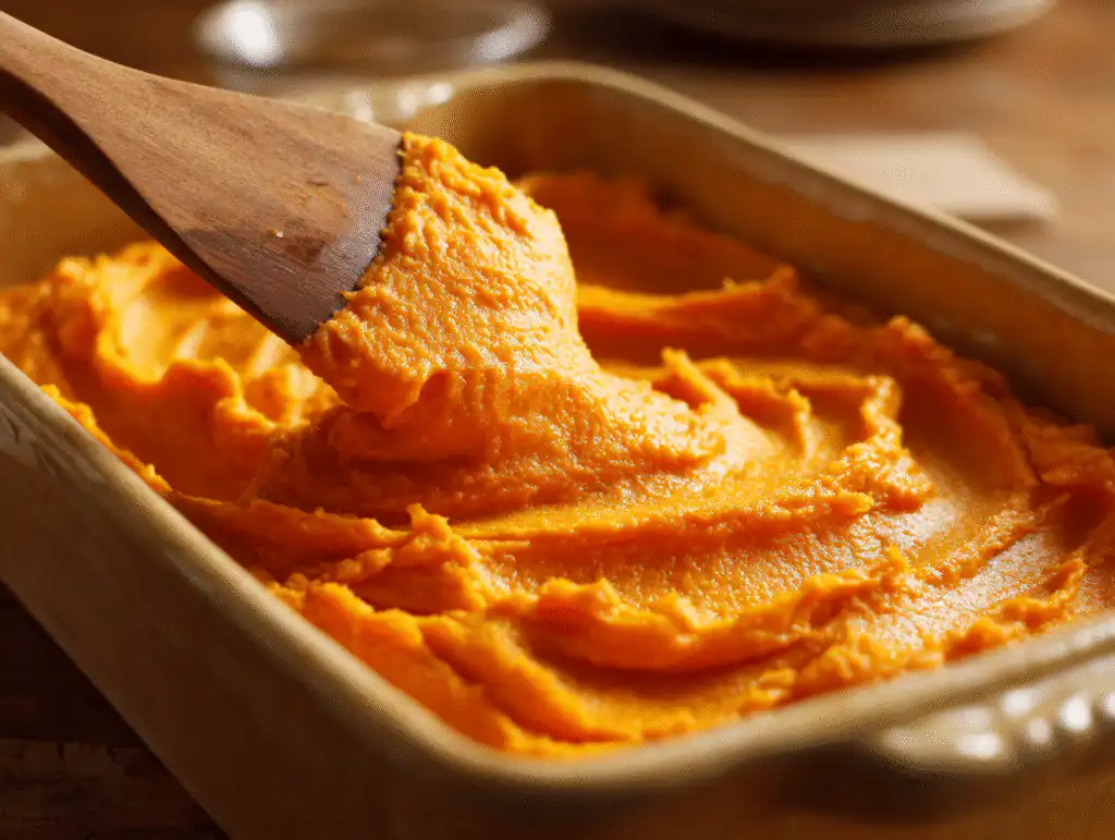 Spreading the creamy Sweet Potato Casserole with Marshmallows filling into a baking dish before baking.