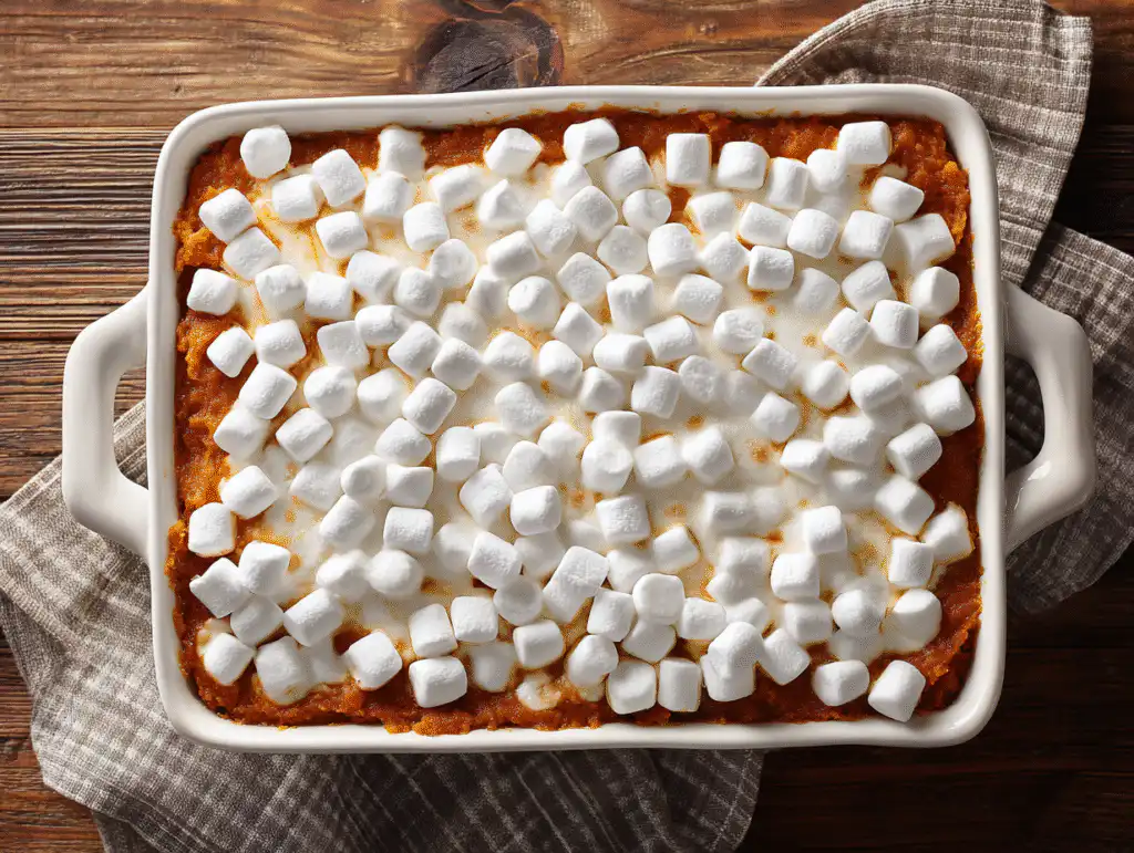 Sweet Potato Casserole with Marshmallows topped with mini-marshmallows, ready to be toasted in the oven.