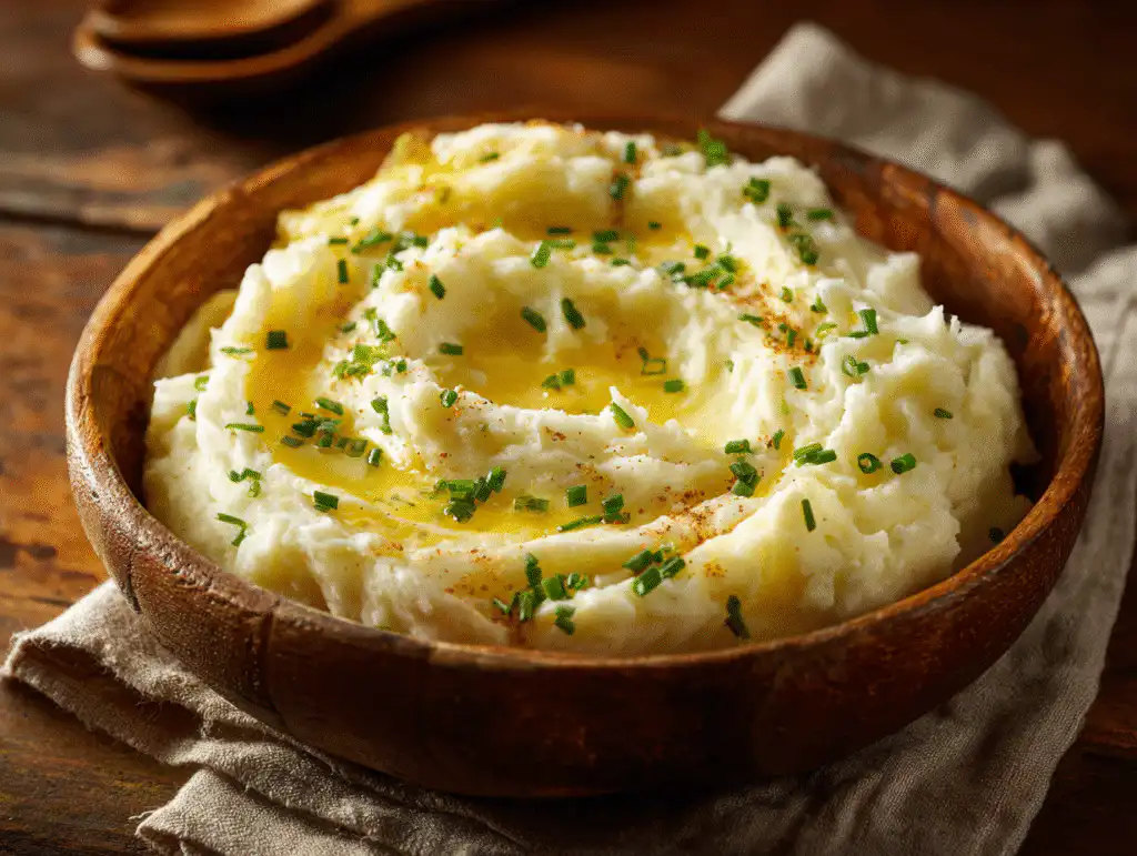 Ellie's Foolproof Thanksgiving Menu (Easy Game Plan!) 3 A cozy bowl of the best Garlic Butter Mashed Potatoes for Thanksgiving, garnished with chives.