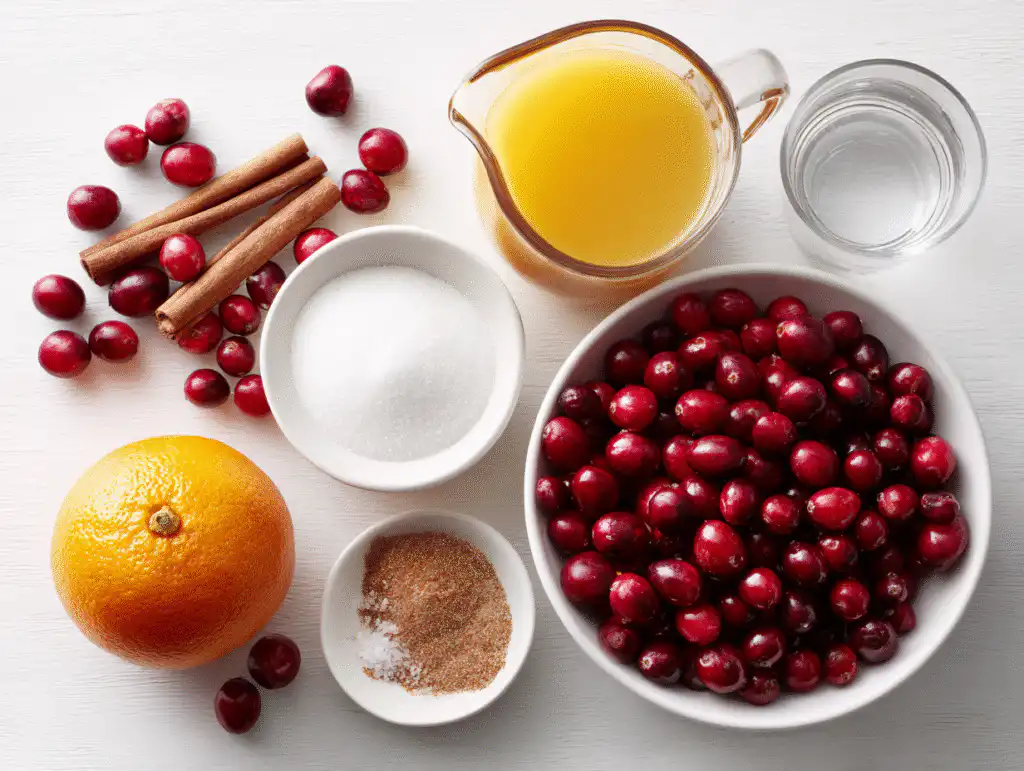 Cranberry sauce ingredients including fresh cranberries, orange juice, and a cinnamon stick.