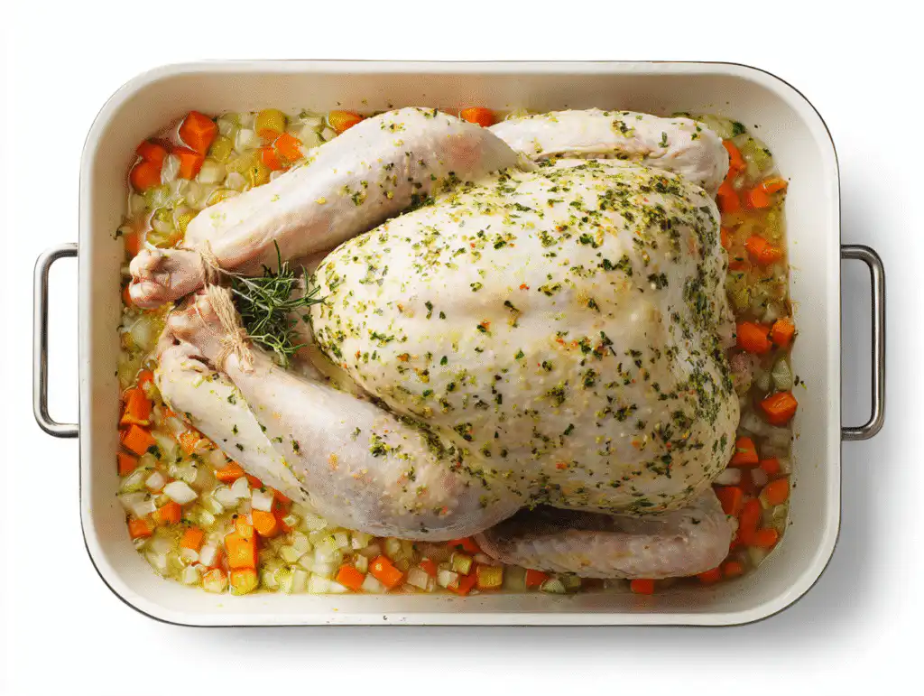 A thanksgiving turkey in oven pan, seasoned and ready to roast.