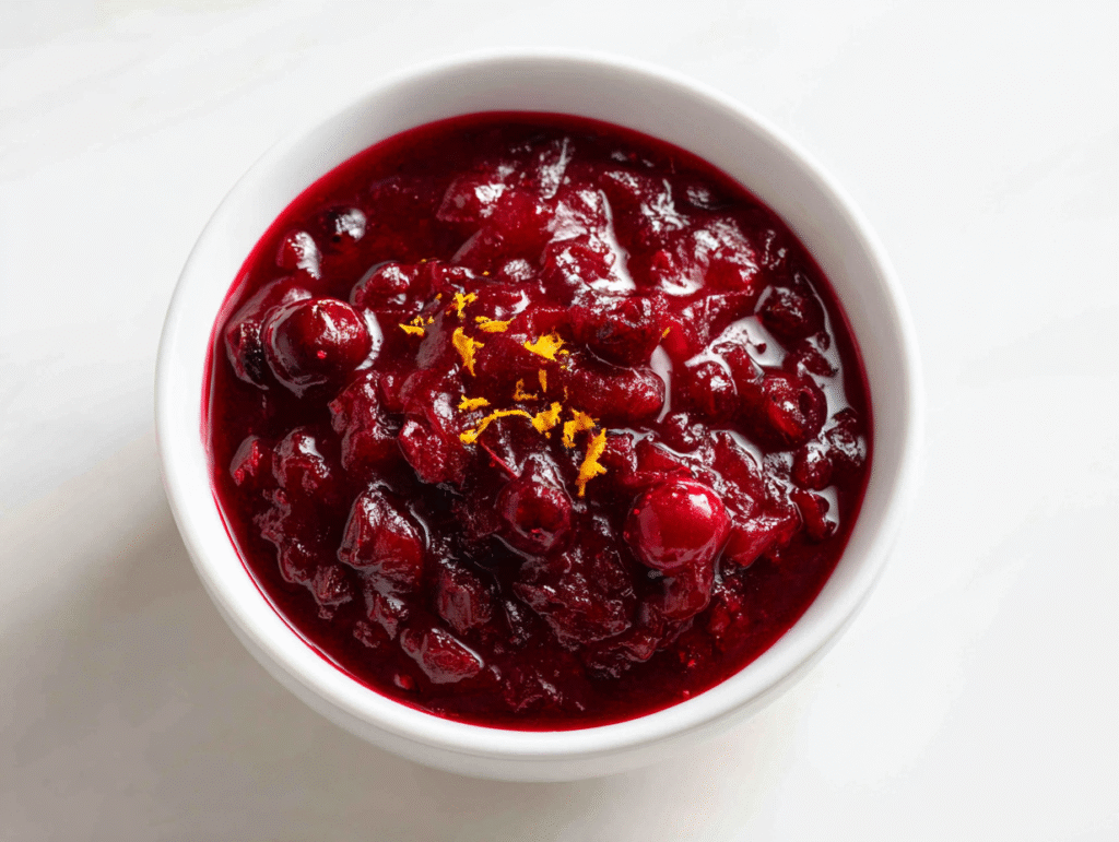 Warm cranberry sauce cooling in a bowl before thickening.