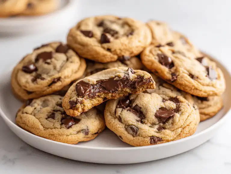 The Best Soft Chocolate Chip Cookies (My Secret Ingredient!) 9 A white platter of the best Soft Chocolate Chip Cookies, with one broken in half to show the gooey inside, on a bright white table.