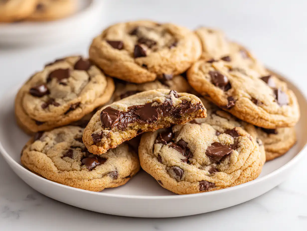 The Best Soft Chocolate Chip Cookies (My Secret Ingredient!) 5 A white platter of the best Soft Chocolate Chip Cookies, with one broken in half to show the gooey inside, on a bright white table.