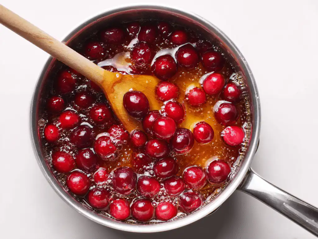 Simmering whole cranberries until they "pop" for cranberry sauce recipe.