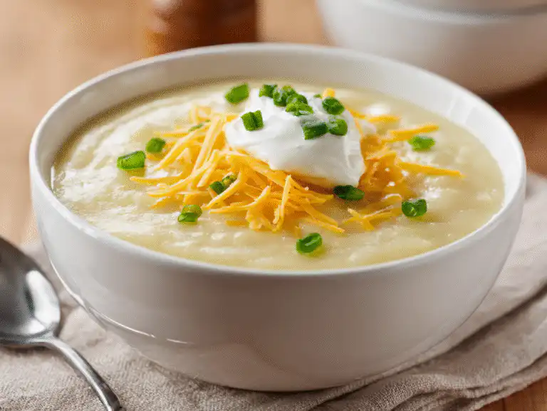 The best creamy Loaded Potato Soup in a white bowl, topped with cheese, sour cream, and green onions, on a bright white table.