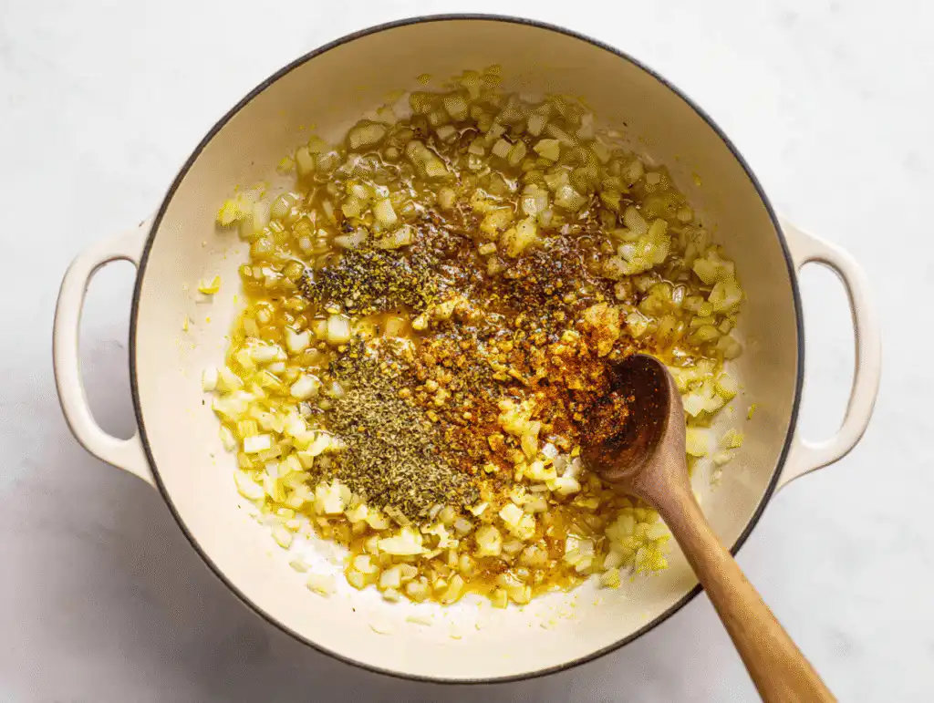 Sautéing onions, garlic, and blooming spices in a Dutch oven for white chicken chili.