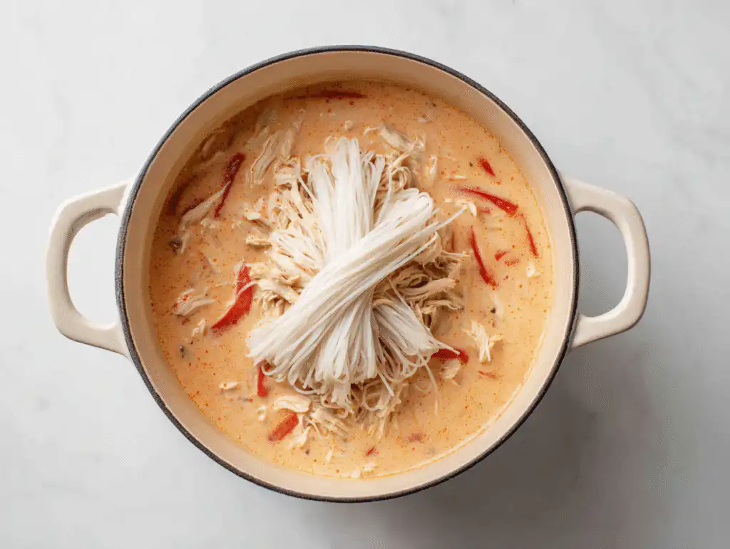 Dry rice vermicelli noodles sitting on top of a simmering pot of creamy thai chicken curry soup.