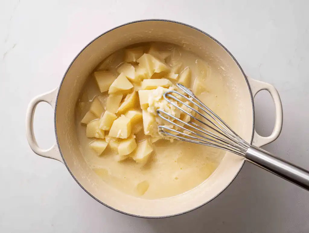 Mashing some of the potatoes in the pot to naturally thicken the simple potato soup recipe.