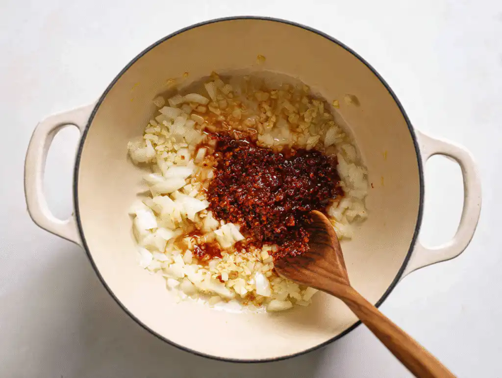 "Blooming" the red curry paste in a pot for the thai chicken soup.