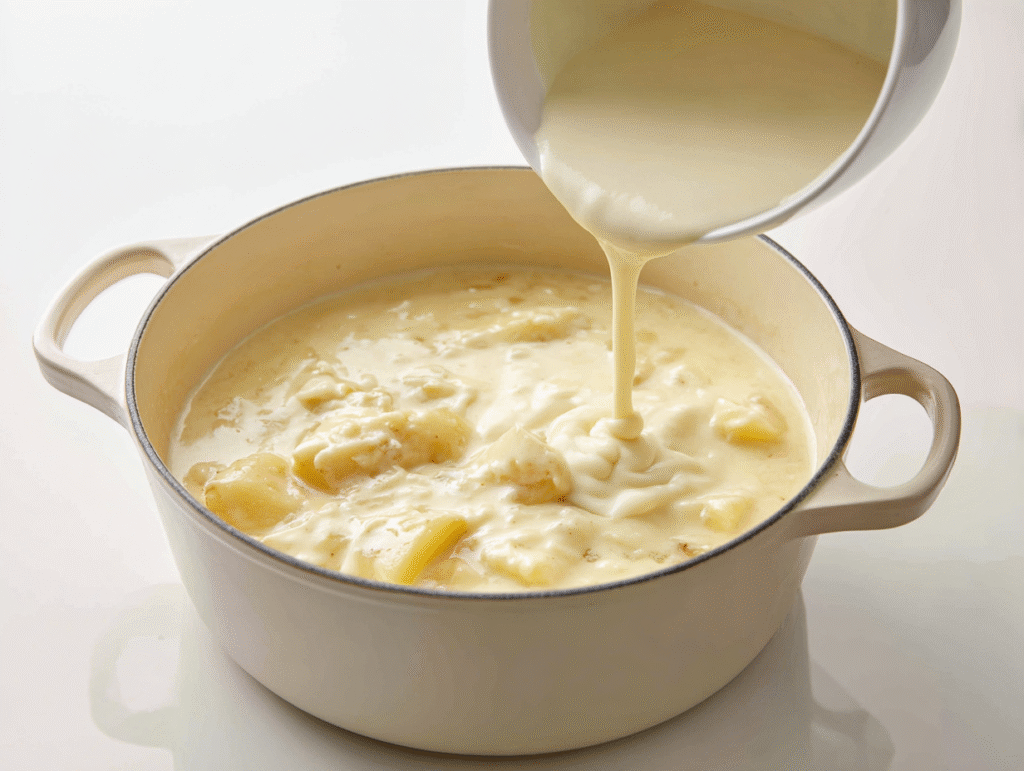 Pouring the creamy roux into the loaded baked potato soup to make it rich and creamy.