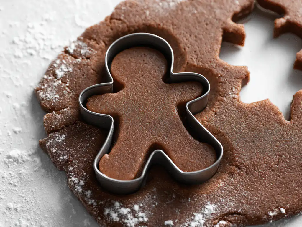 The Best Soft Gingerbread Cookies (Easy Recipe for Decorating!) 9 Cutting gingerbread cookies shapes out of chilled dough on a white surface.