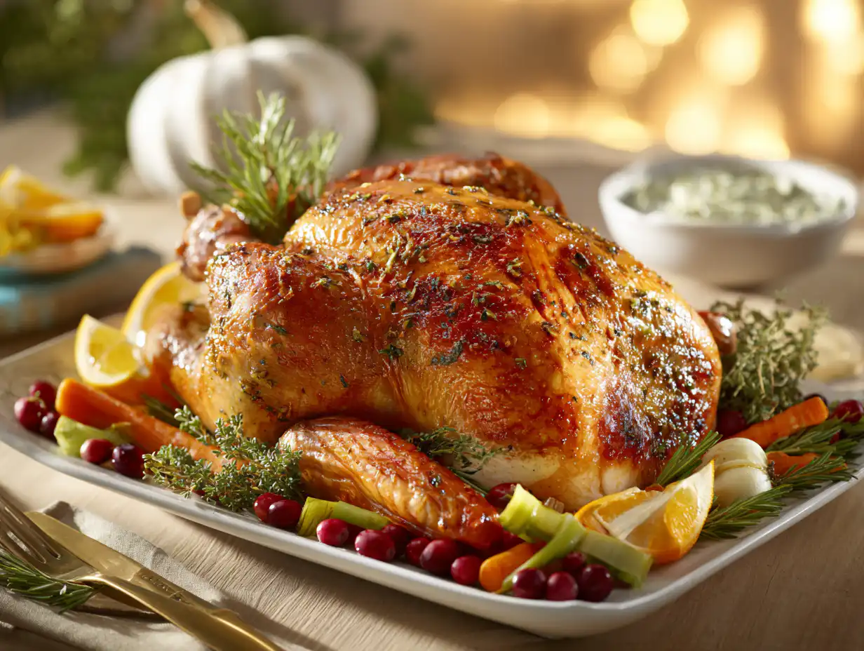 The best Thanksgiving Turkey recipe, golden brown and roasted with herbs on a white platter.