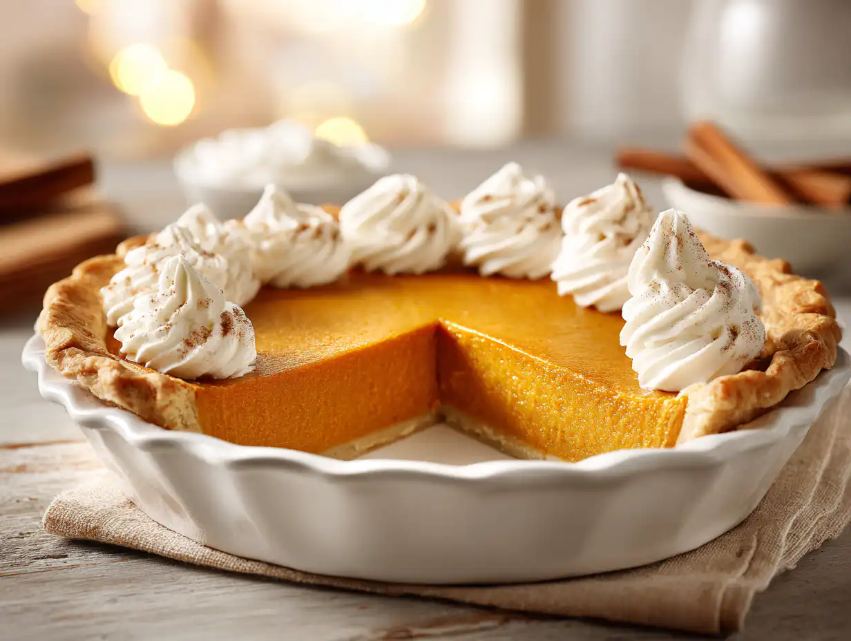 The best classic pumpkin pie recipe with a thick, golden pumpkin pie crust, garnished with whipped cream, on a white table.