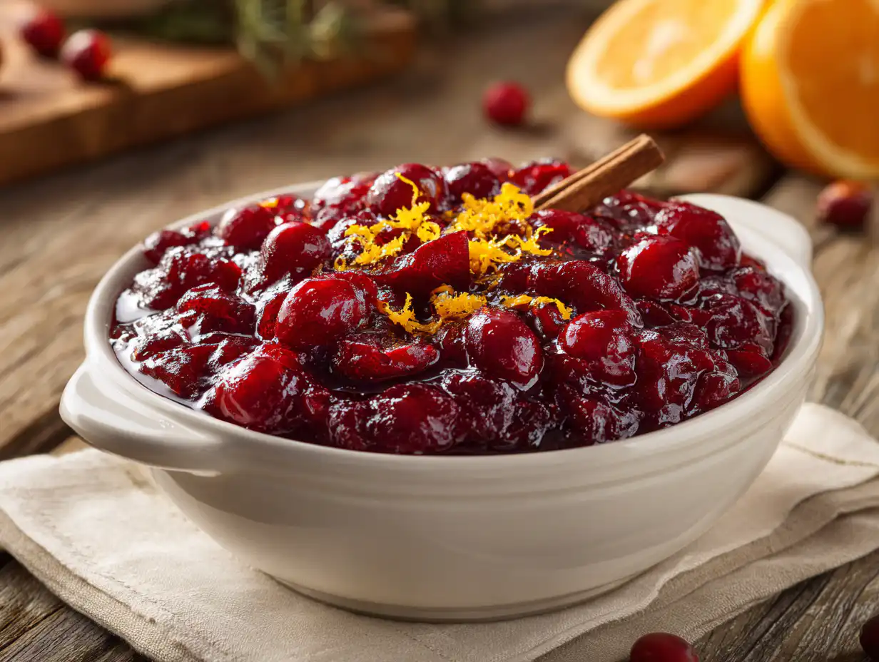 A bowl of the best cranberry sauce recipe with orange zest and whole berries, on a white table.