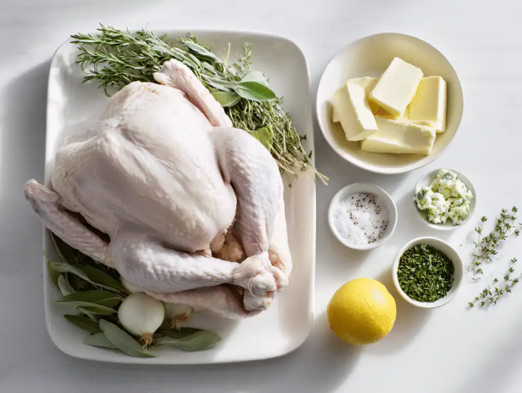 Ingredients for an easy Thanksgiving turkey recipe with herbs and butter on a white table.
