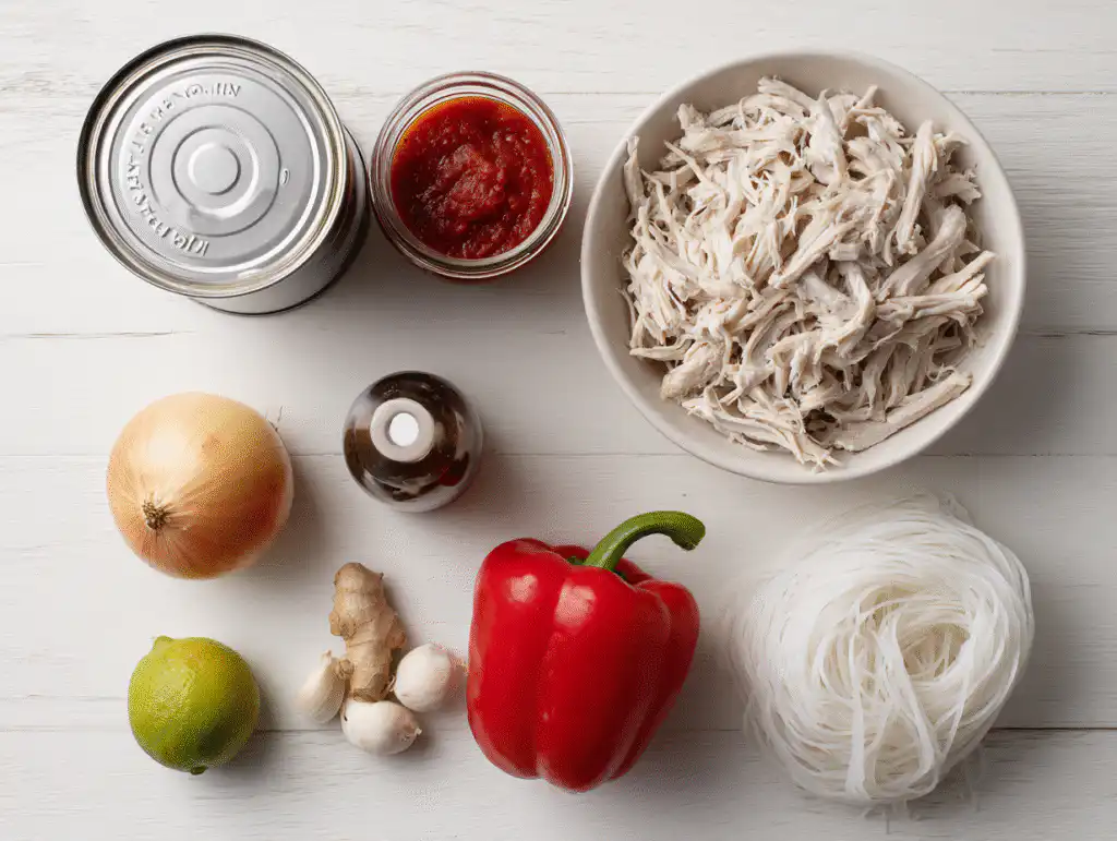 Ingredients for thai chicken curry soup recipe with noodles, coconut milk, and red curry paste, on a white table.