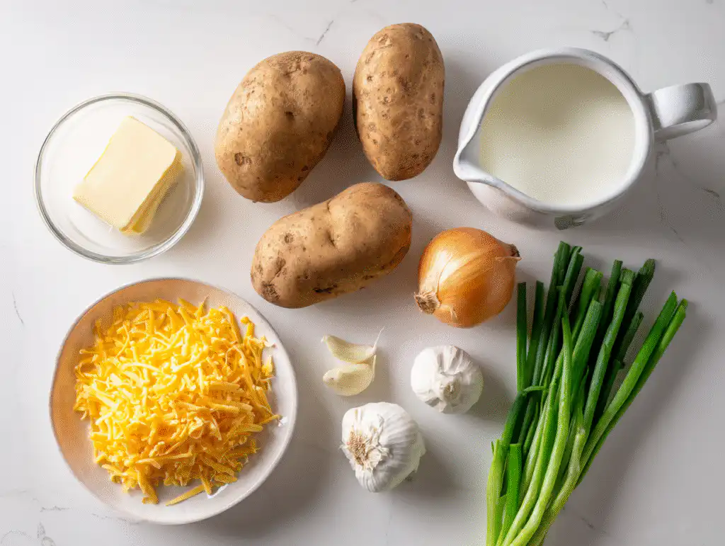 Ingredient potato soup with Russets, cream, cheese, and green onions on a white table.