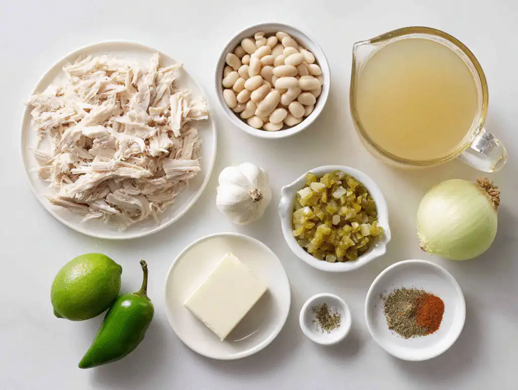 Ingredients for white chicken chili recipe easy with cream cheese and chicken, on a white table.