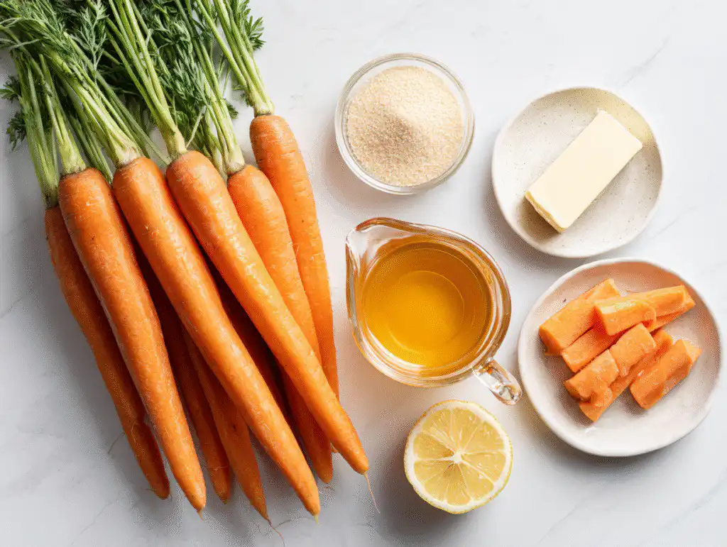 The Best Honey-Glazed Carrots (Simple Stovetop Recipe!) 6 Ingredients for simple honey-glazed carrots including honey and butter, on a white table.