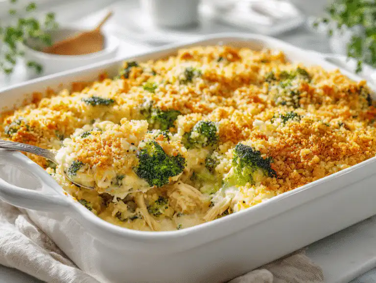 The best chicken broccoli and wild rice casserole with a golden-brown cheesy crust in a white 9x13 pan, on a bright white table.