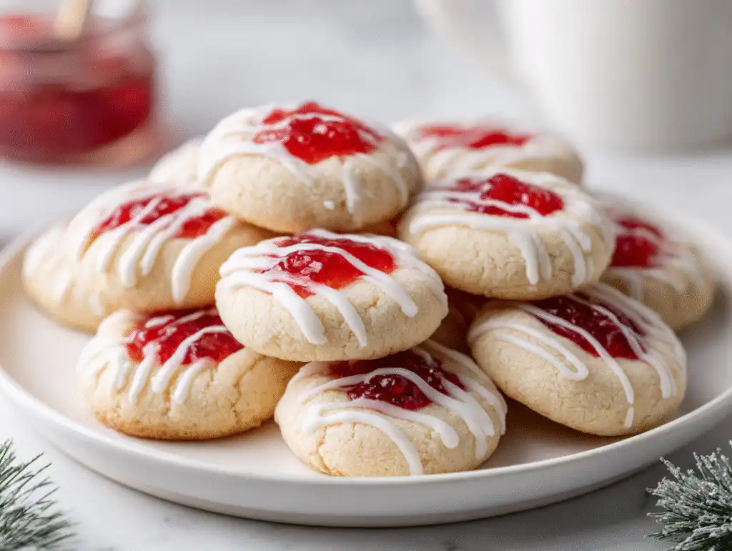 A white platter of the best Soft Christmas Thumbprint cookies with raspberry jam and icing, on a bright white table.