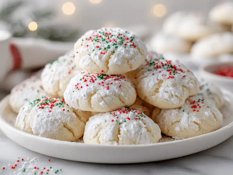 Christmas Gooey Butter Cookies (Easy From-Scratch!) 9 A white platter of the best Christmas Gooey Butter Cookies rolled in powdered sugar, on a bright white table.