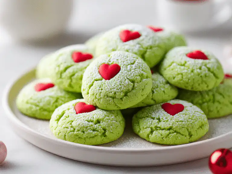 A white platter of the best easy Grinch Cookies, a fun Grinch Butter Cookie for Christmas, on a bright white table.