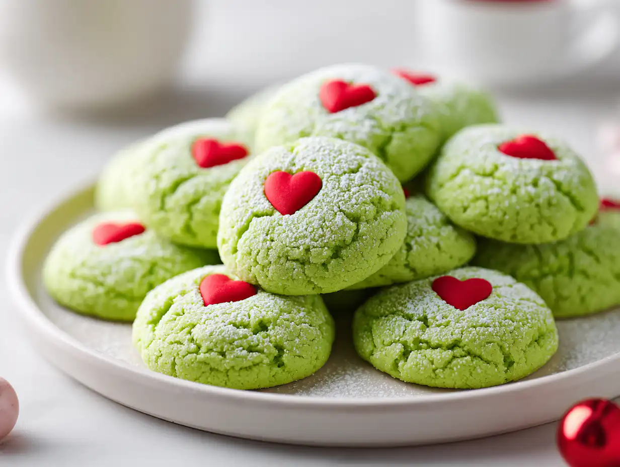 A white platter of the best easy Grinch Cookies, a fun Grinch Butter Cookie for Christmas, on a bright white table.