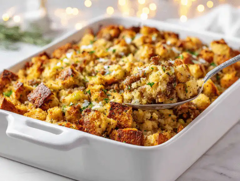 The best thanksgiving stuffing recipe with sausage and herbs in a white 9x13 pan, on a bright white table.