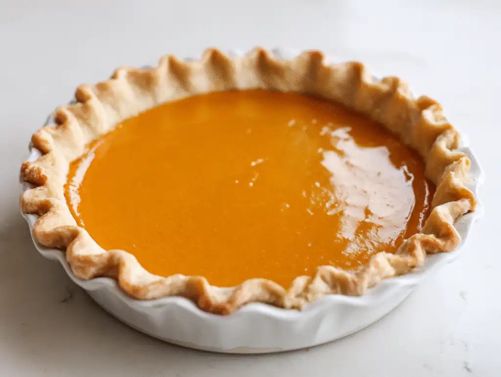 Shielding the pumpkin pie crust with aluminum foil strips to prevent burning.