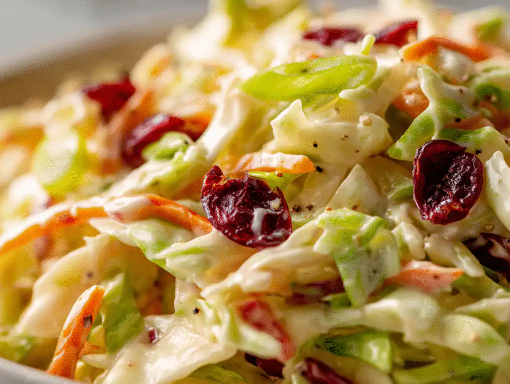 A white bowl of the best Apple Cranberry Coleslaw Recipe, a festive coleslaw for the holidays, on a bright white table.