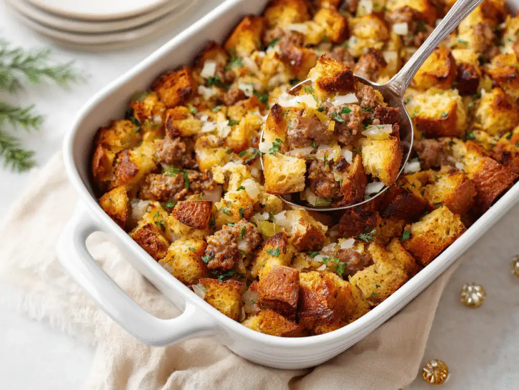 The best thanksgiving stuffing recipe with sausage and herbs in a white 9x13 pan.