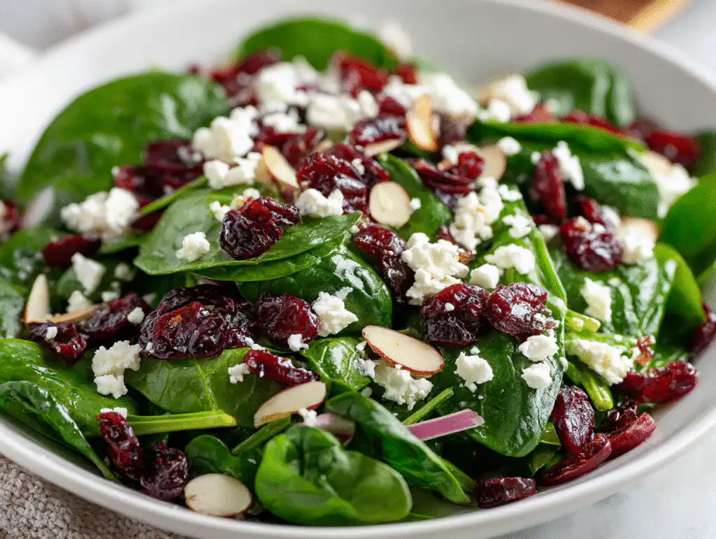 A white bowl of the best Cranberry Spinach Salad, a festive Christmas salad recipe, on a bright white table.