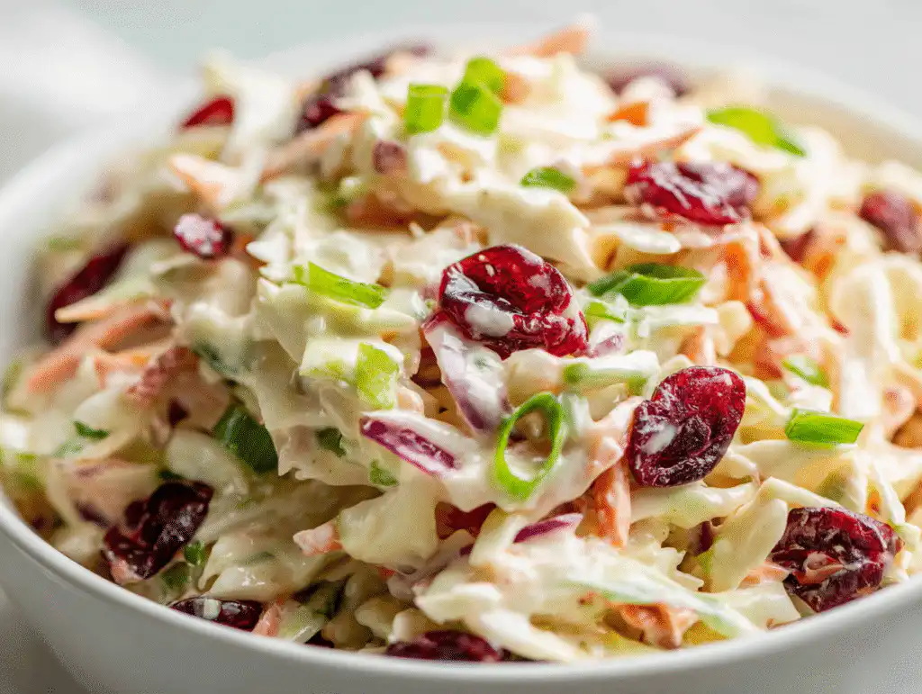 A white bowl of the best Apple Cranberry Coleslaw Recipe, a festive coleslaw for the holidays, on a bright white table.