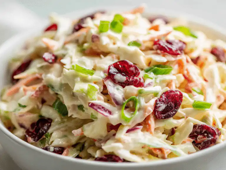 A white bowl of the best Apple Cranberry Coleslaw Recipe, a festive coleslaw for the holidays, on a bright white table.