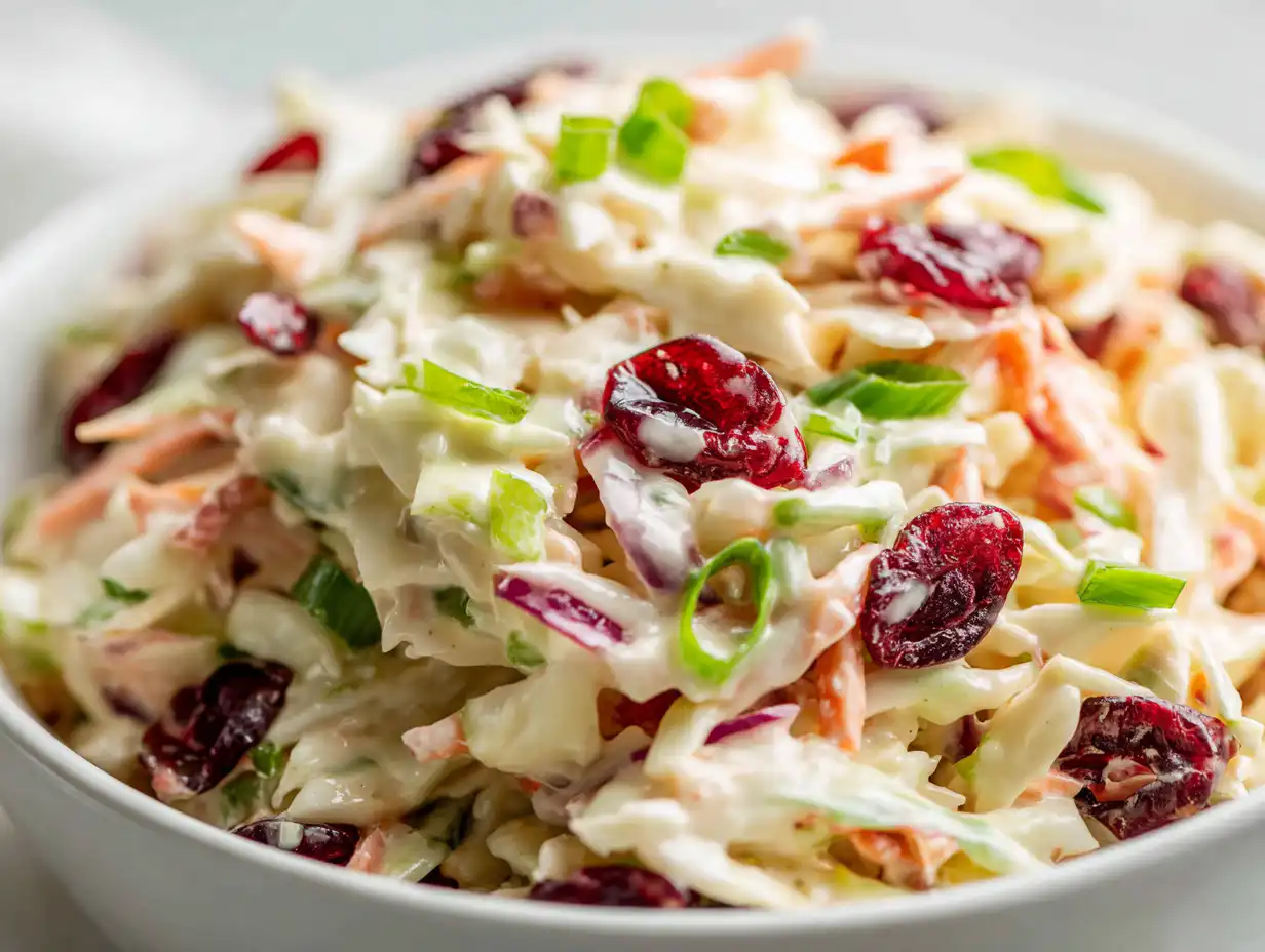 A white bowl of the best Apple Cranberry Coleslaw Recipe, a festive coleslaw for the holidays, on a bright white table.