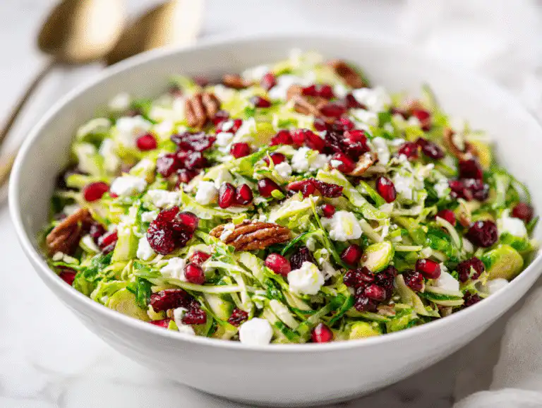 Shaved Brussels Sprout Salad (Easy Holiday Recipe!) 9 The best Shaved Brussels Sprout Salad, a festive Christmas salad recipe in a white bowl, on a bright white table