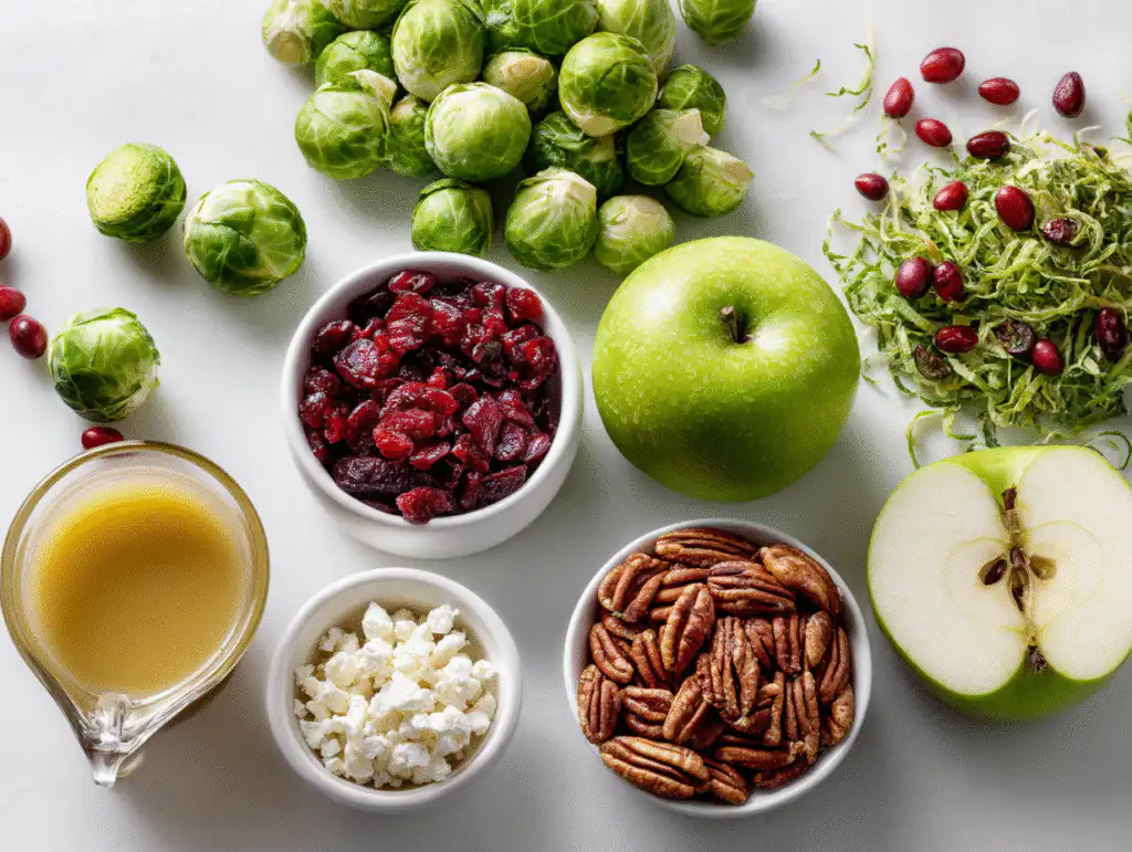 Shaved Brussels Sprout Salad (Easy Holiday Recipe!) 6 Ingredients for a brussels sprout salad holiday recipe with cranberries, goat cheese, and pecans, on a white table.