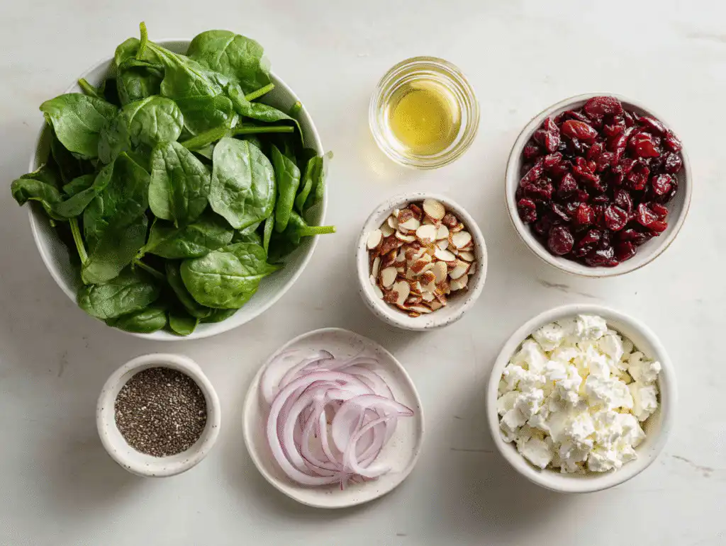 Ingredients for cranberry almond spinach salad recipe with feta and a poppy seed dressing, on a white table.