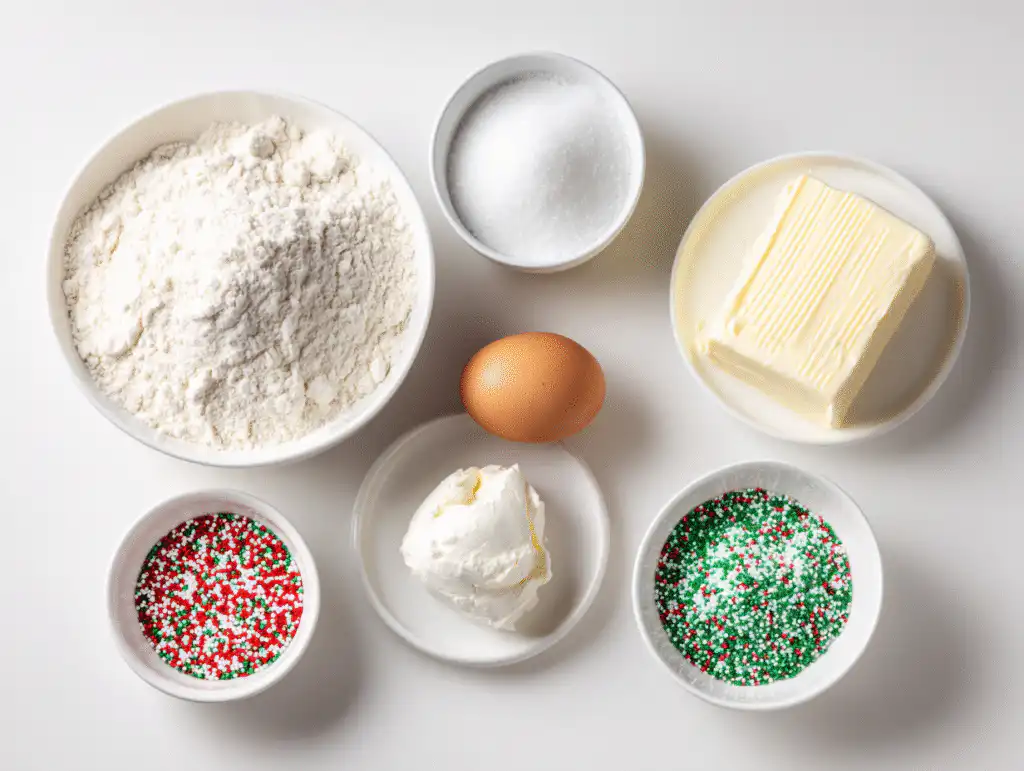 Christmas Gooey Butter Cookies (Easy From-Scratch!) 6 Ingredients for gooey butter cookies without cake mix on a white table.