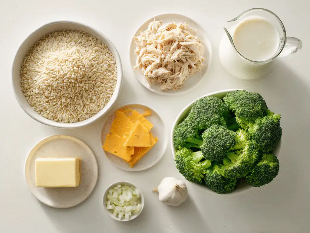 Ingredients for a chicken broccoli and wild rice casserole recipes from scratch, with broccoli and cheese, on a white table.