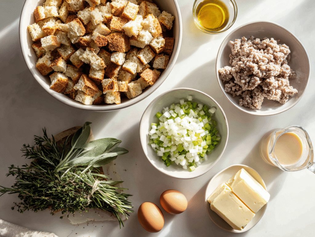 Ingredients for a homemade thanksgiving stuffing recipe with sausage, herbs, and bread cubes on a white table.