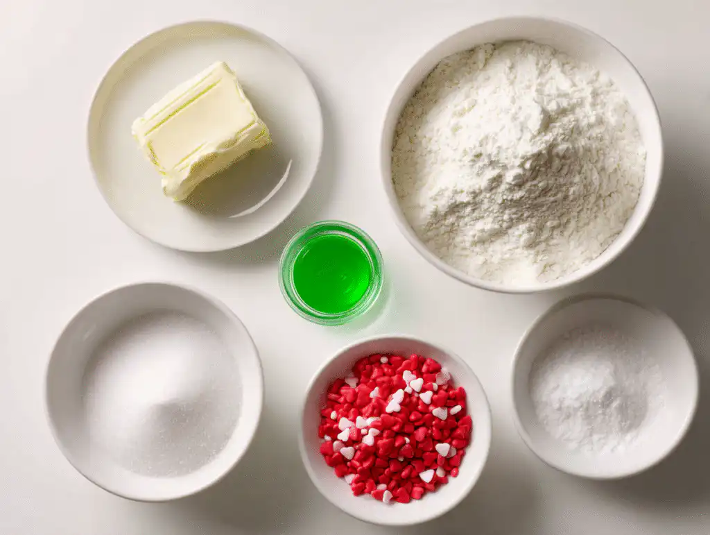 Ingredients for Grinch Butter Cookies, including green gel food coloring and red heart sprinkles, on a white table.