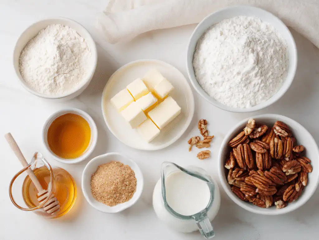 Ingredients for Pecan Bars Recipe Easy with a shortbread crust on a white table