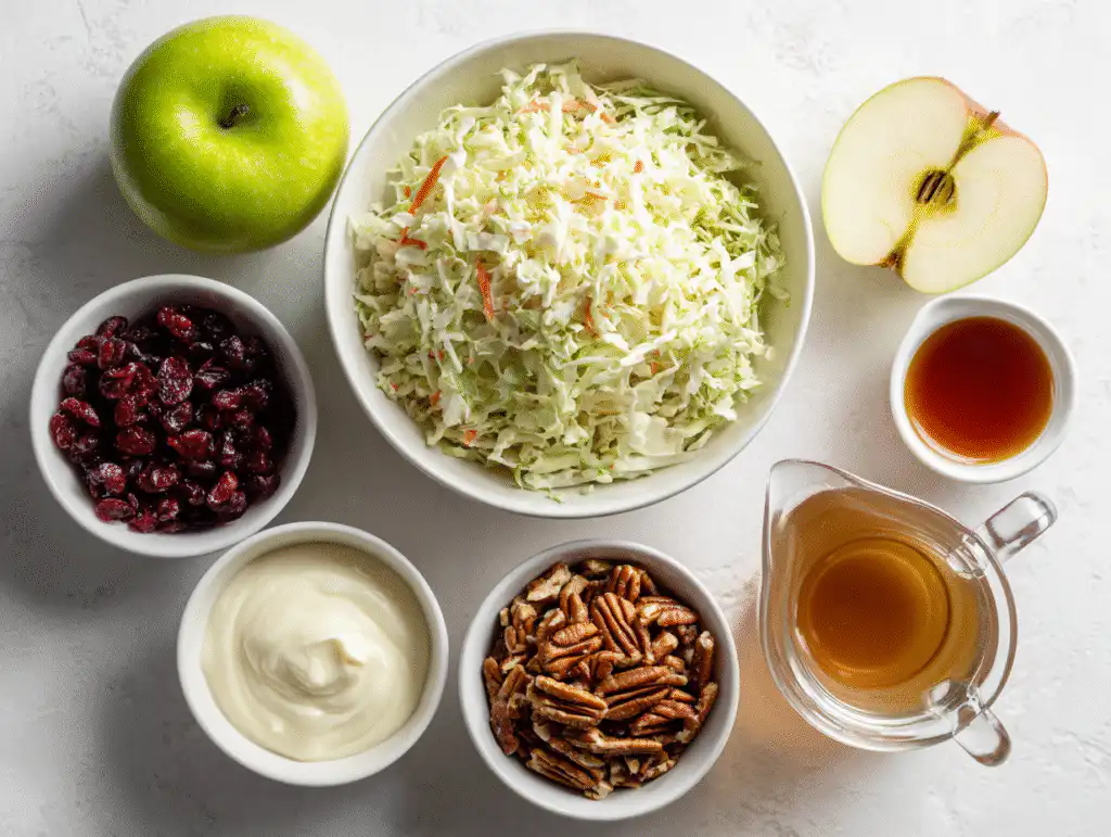 Ingredients for a creamy coleslaw with cranberries and apples, on a white table.