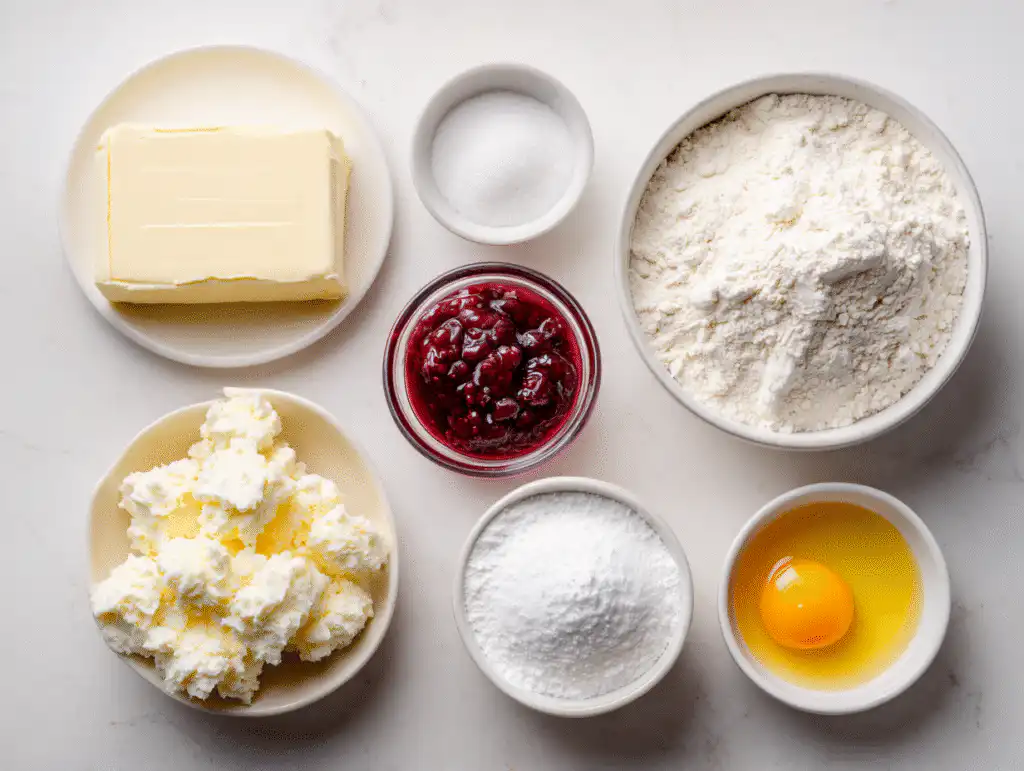 Ingredients for soft christmas thumbprint cookies with cream cheese and jam on a white table.