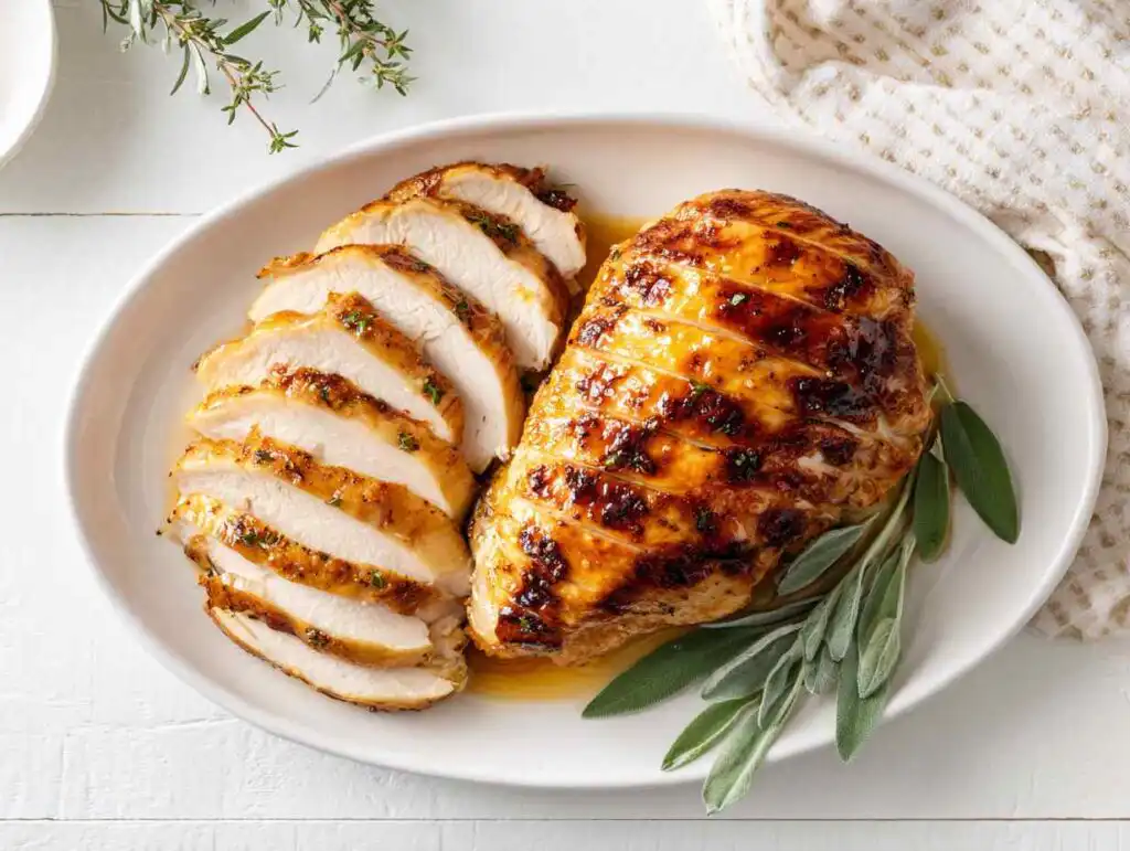 The best Juicy Oven Roasted Turkey Breast on a white platter, carved for Thanksgiving.