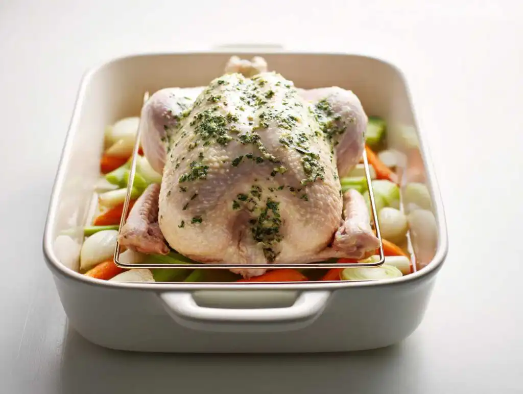 A Thanksgiving Turkey Breast in a white roasting pan, ready for the oven.